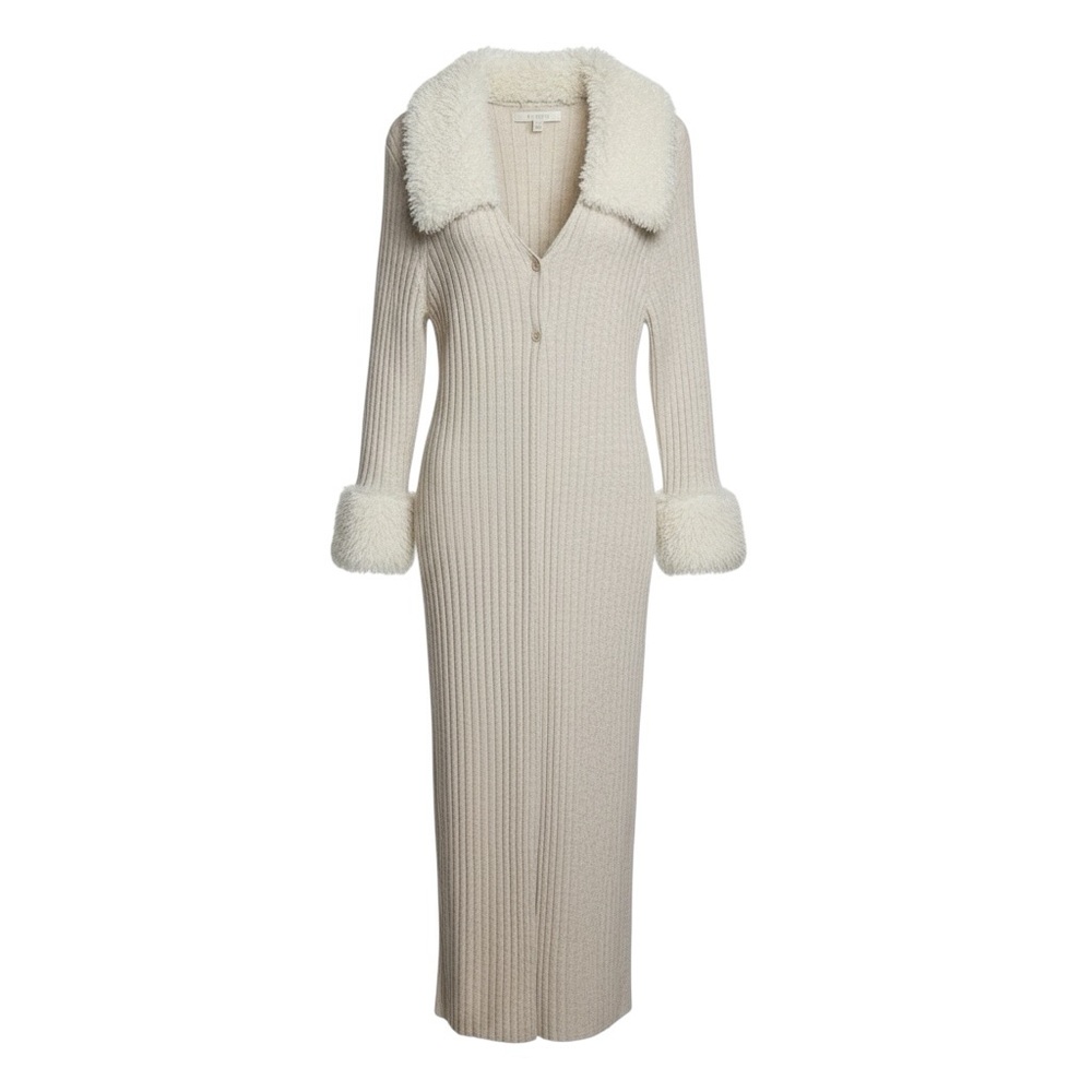 Flat White Faux Fur Trim Long Cardigan Cream Ribbed Duster OS